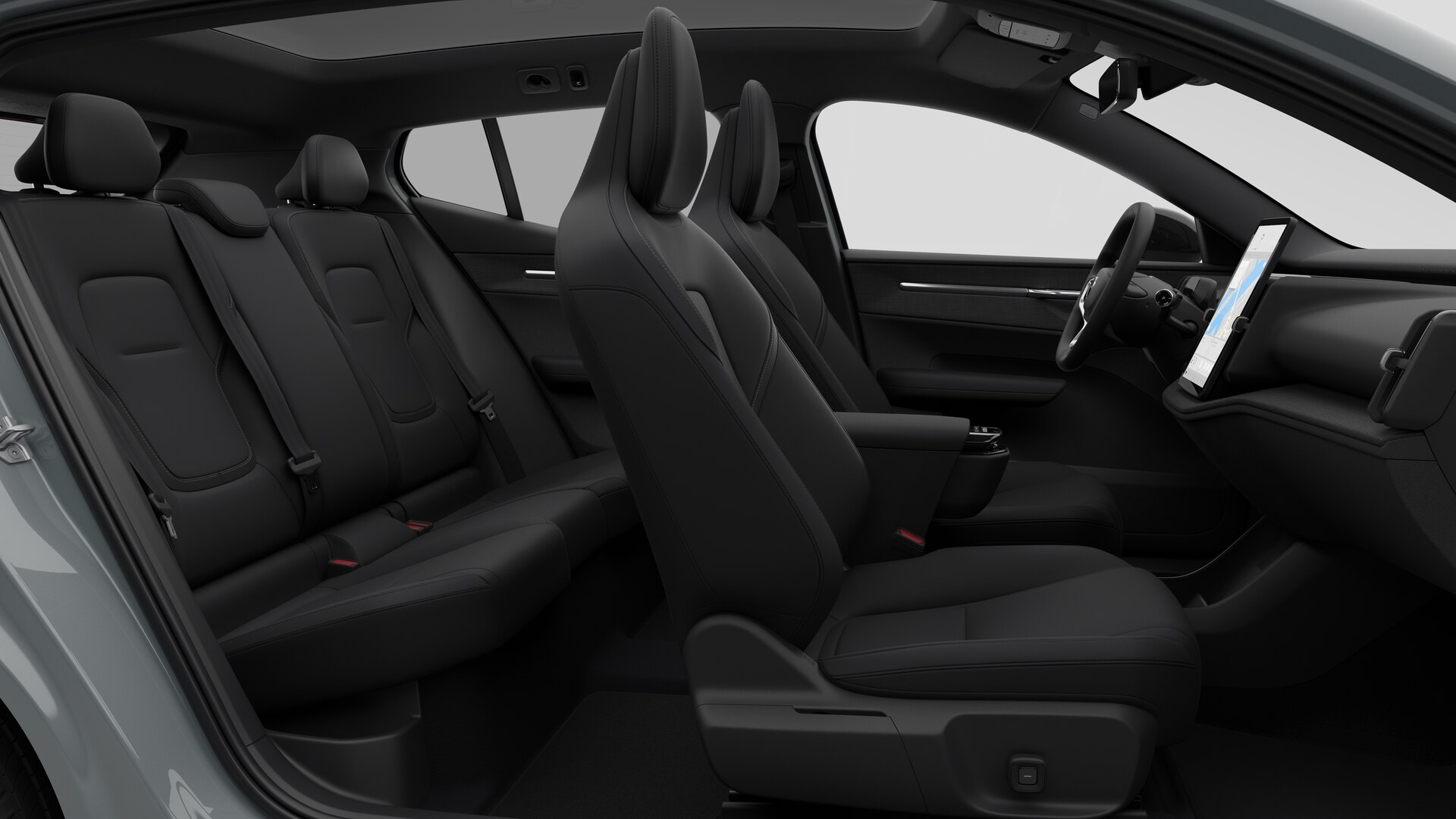 Vue latérale de l’intérieur d’une Volvo montrant les sièges avant, les sièges passager arrière, le volant, le tableau de bord et la console centrale, sur fond de studio.