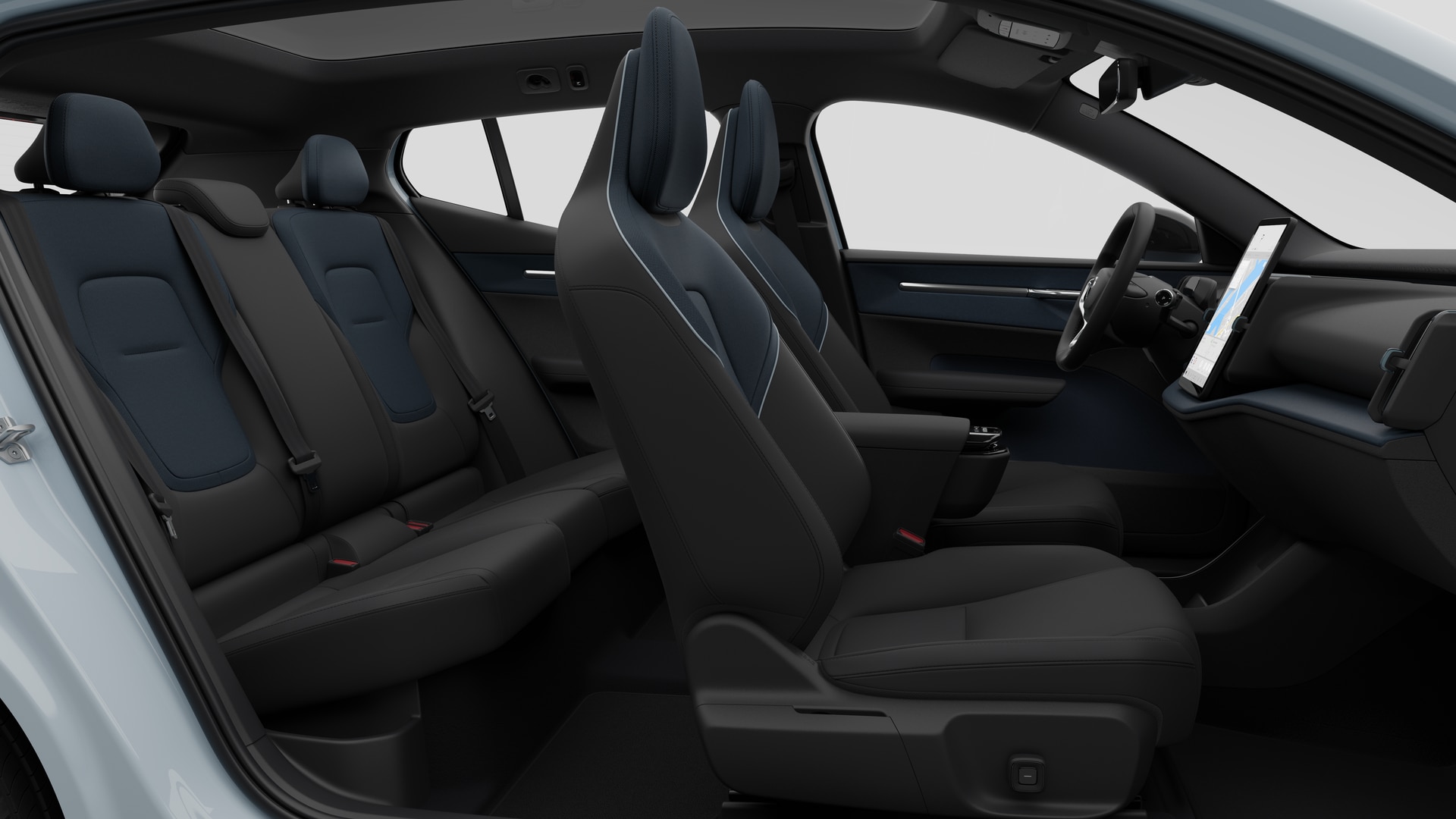 Vue latérale de l’intérieur d’une Volvo montrant les sièges avant, les sièges passager arrière, le volant, le tableau de bord et la console centrale, sur fond de studio.