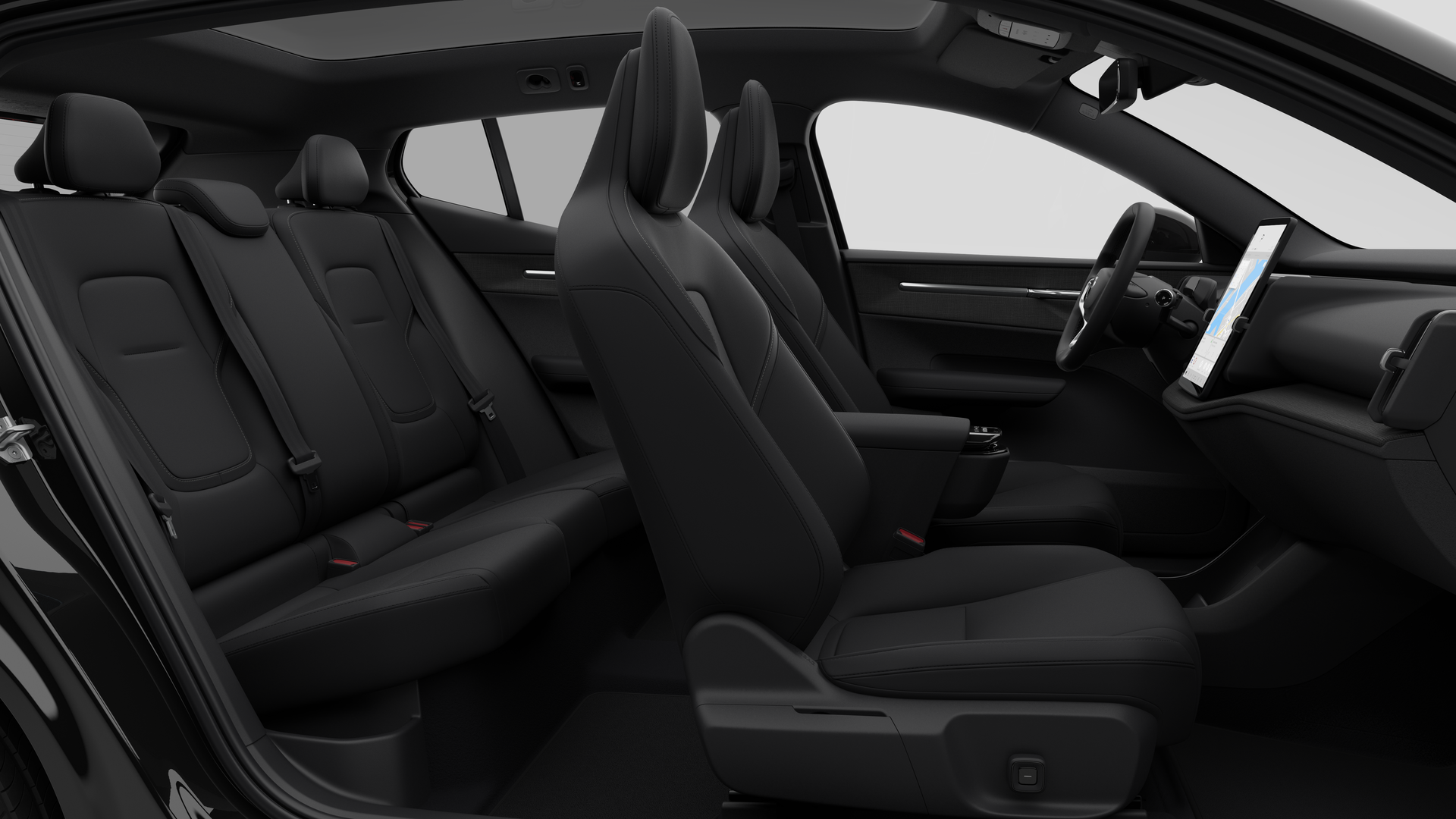 Vue latérale de l’intérieur d’une Volvo montrant les sièges avant, les sièges passager arrière, le volant, le tableau de bord et la console centrale, sur fond de studio.