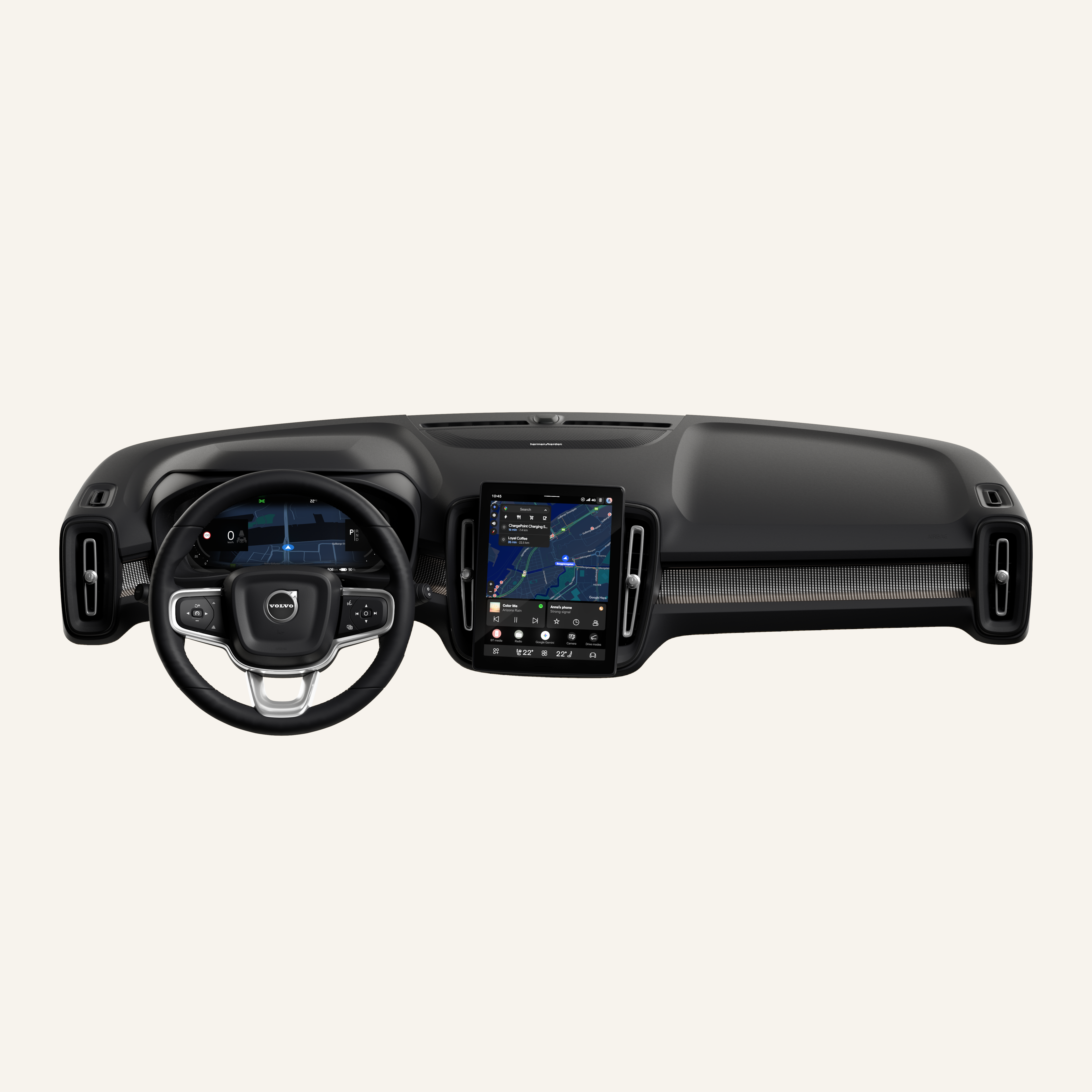Binnenaanzicht van een Volvo auto met het dashboard, het stuur en het scherm van de middenconsole tegen een effen studioachtergrond.