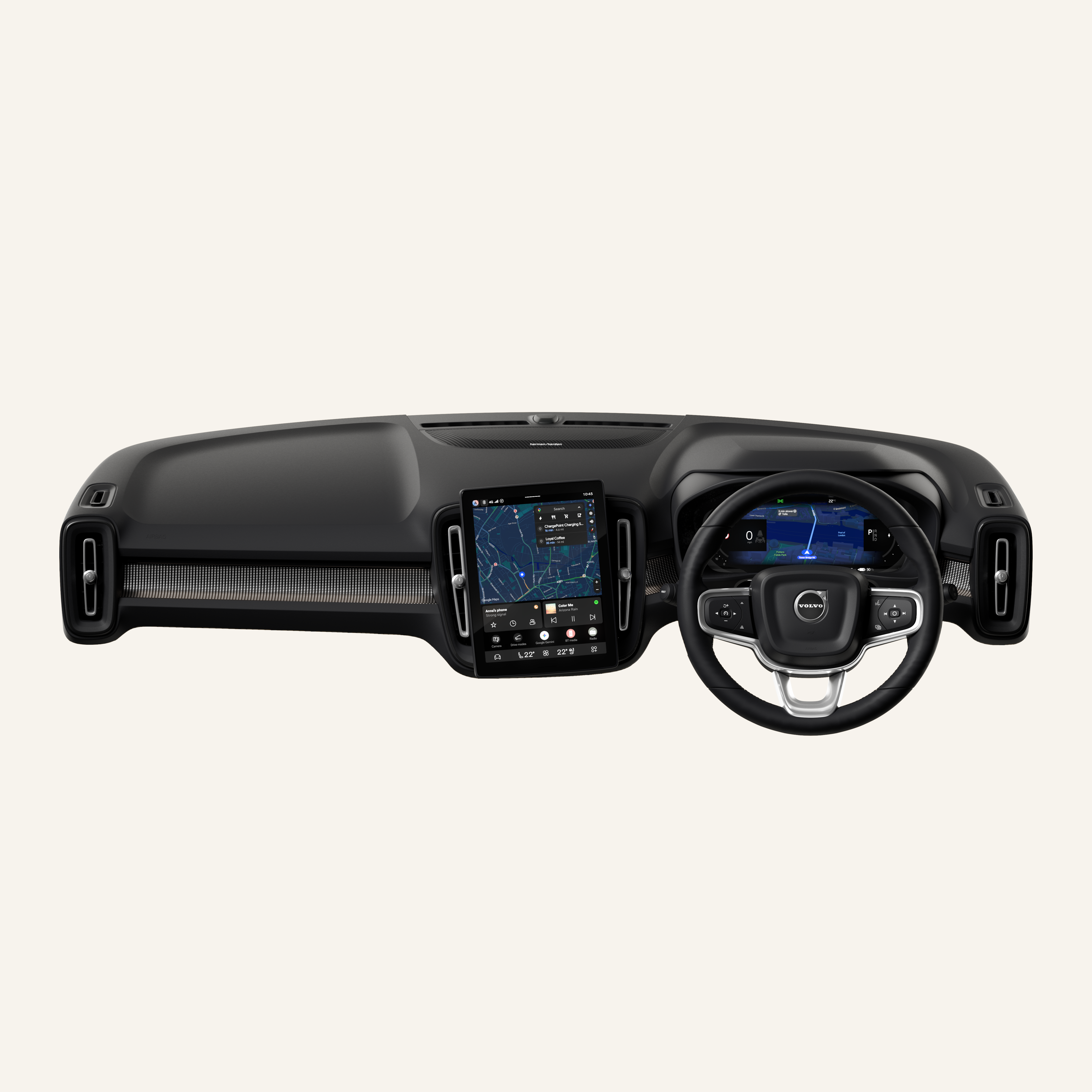 Interior view of a Volvo car showing the dashboard, steering wheel, and center console screen against a plain studio background.