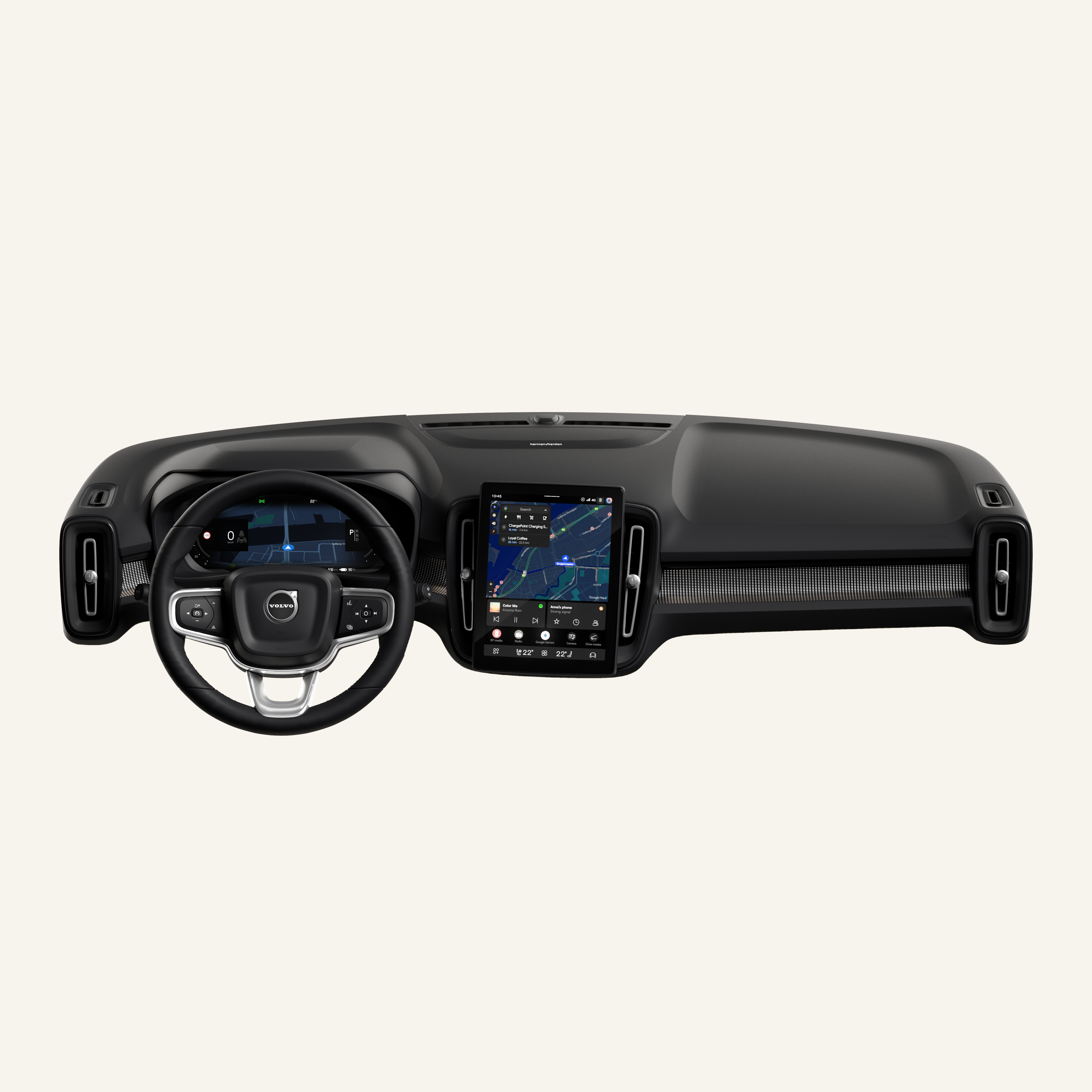 Binnenaanzicht van een Volvo auto met het dashboard, het stuur en het scherm van de middenconsole tegen een effen studioachtergrond.